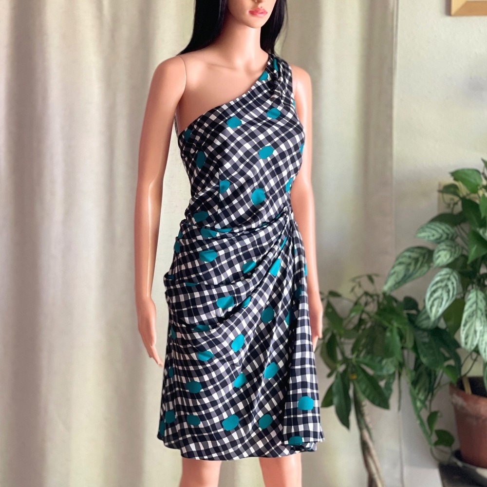 Susana Monaco One Shoulder Gingham Polka Dot Draped Dress Black Teal Sample‎ 4